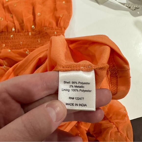 NSR Peach & Gold Metallic Dot Ruffle Long Sleeve Peasant Dress Size L - Picture 8 of 10